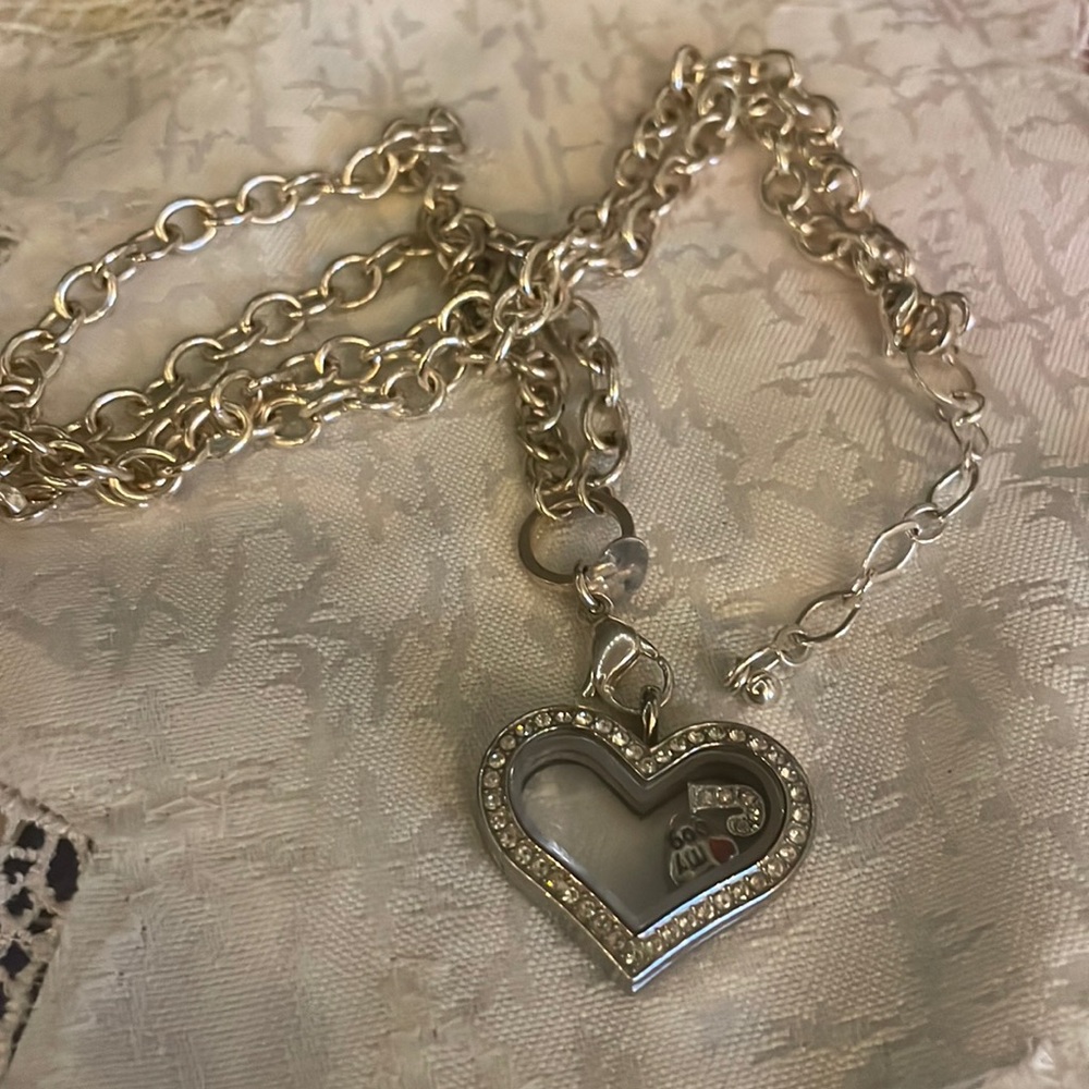 Origami Owl Large Silver Heart Hinged  locket w chain w charms. Dog charm/ J